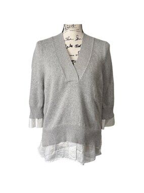 Brochu Walker Women Size L Cashmere Sweater Gray Layered-Look V-Neck White-Hem